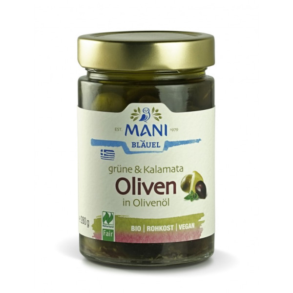 Grüne & Kalamata Oliven in Olivenöl - Mani - NL Fair - bio & roh