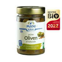 Grüne Oliven al naturale mit Koriandersamen & rosa Pfeffer fermentiert - bio & roh