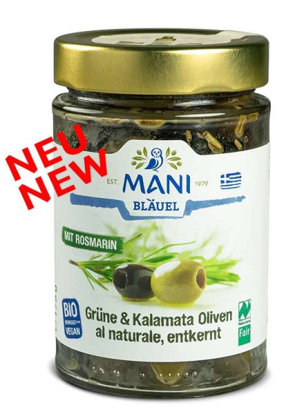 Grüne & Kalamata Oliven al naturale mit Rosmarin, entkernt - bio & roh